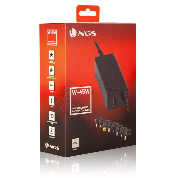 NGS W-45W Cargador Automático Universal para Portátil 45W, 8 Conectores, Compatible con Acer, Lenovo, HP, Asus, Samsung, Toshiba (19-20V, USB)